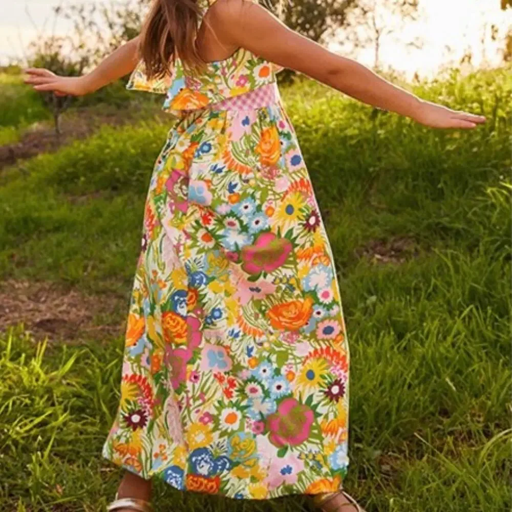 Matilda Jane Far Out Dress Girls 6 Floral Maxi Bright Daydream Gingham Trim